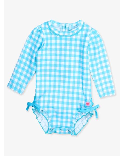 Bright Aqua Gingham Long Sleeve One Piece Rash Guard