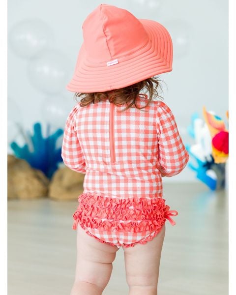 Coral Gingham Long Sleeve One Piece Rash Guard