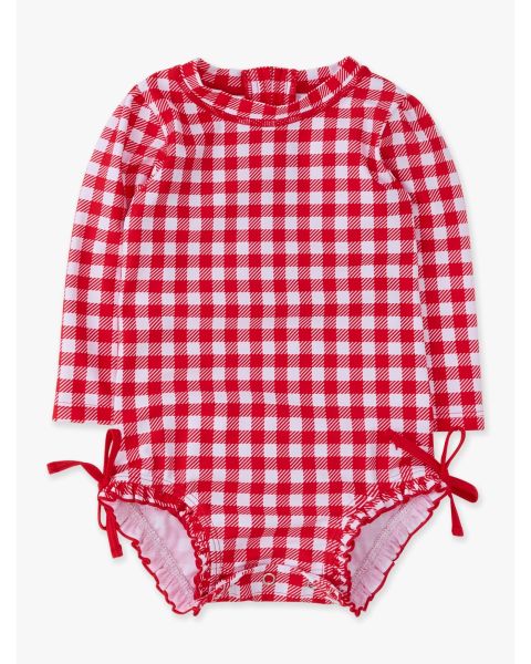 Vintage Red Gingham Long Sleeve One Piece Rash Guard Swimsuit, with Signature Rear Ruffles