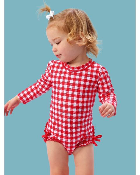 Vintage Red Gingham Long Sleeve One Piece Rash Guard Swimsuit, with Signature Rear Ruffles