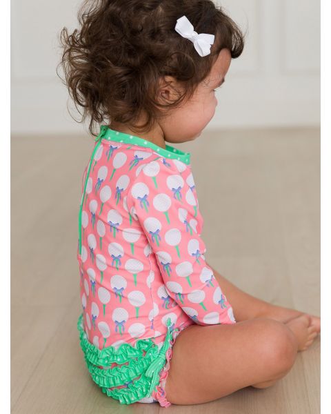 Pink Tee Time Long Sleeve One Piece Rash Guard Swimsuit