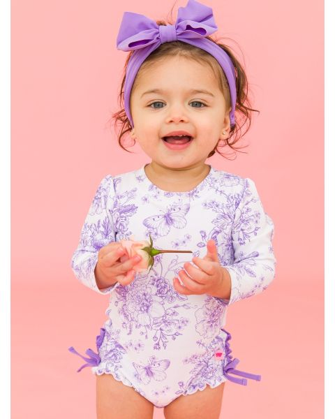 Wisteria Purple Butterfly Garden Toile Long Sleeve One Piece Rash Guard