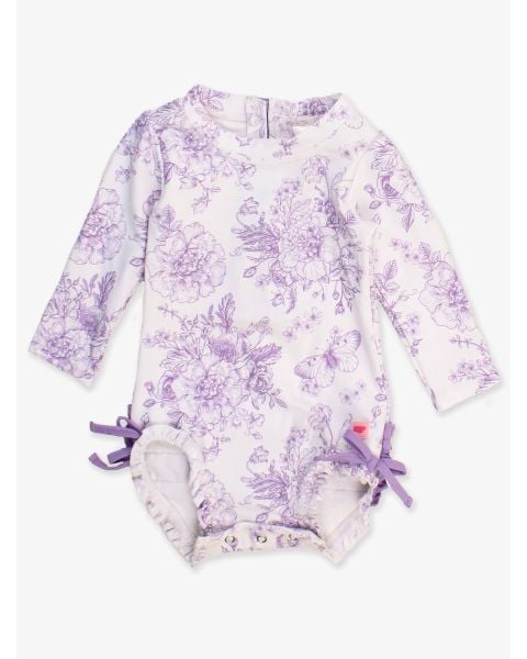 Wisteria Purple Butterfly Garden Toile Long Sleeve One Piece Rash Guard