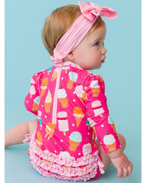 Sweet Scoops Long Sleeve One Piece Rash Guard Swimsuit, with Signature Rear Ruffles