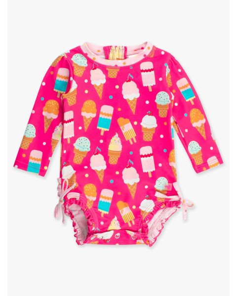 Sweet Scoops Long Sleeve One Piece Rash Guard Swimsuit, with Signature Rear Ruffles