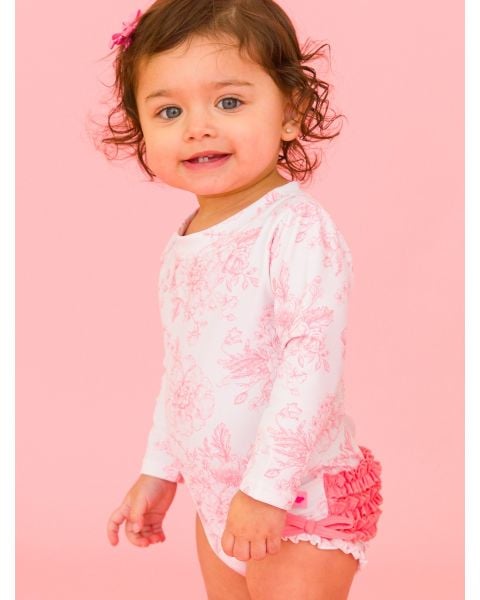 Bubblegum Pink Butterfly Garden Toile Long Sleeve One Piece Rash Guard