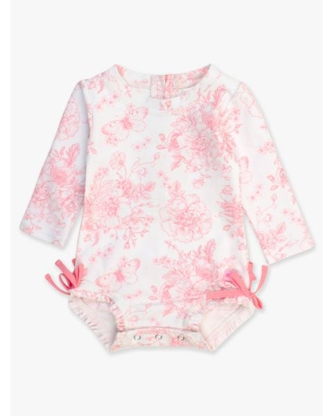 Bubblegum Pink Butterfly Garden Toile Long Sleeve One Piece Rash Guard