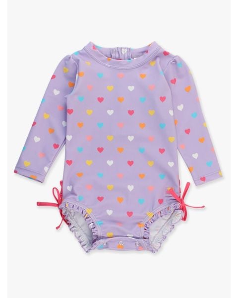 Lavender Colorful Hearts Long Sleeve One Piece Rash Guard Swimsuit, with Signature Rear Ruffles