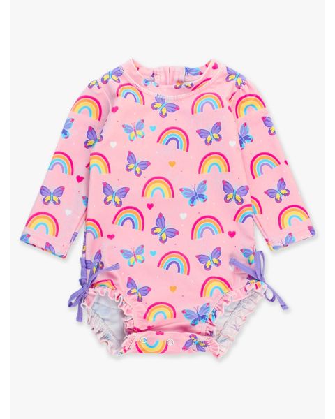 Rainbows & Butterflies Long Sleeve One Piece Rash Guard Swimsuit, with Signature Rear Ruffles