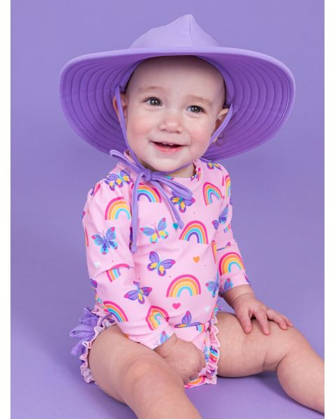 Rainbows & Butterflies Long Sleeve One Piece Rash Guard Swimsuit, with Signature Rear Ruffles