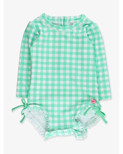 Spring Green Gingham Long Sleeve One Piece Rash Guard Swimsuit, with Signature Rear Ruffles