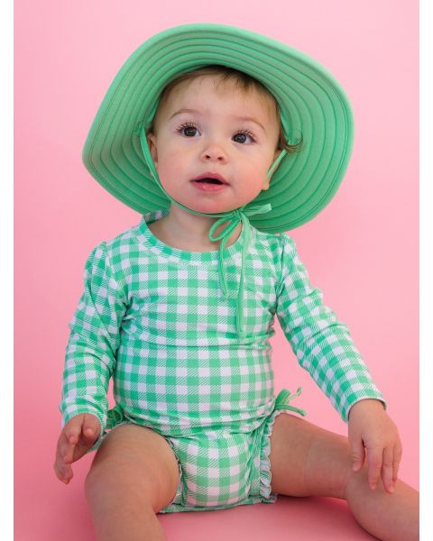 Spring Green Gingham Long Sleeve One Piece Rash Guard Swimsuit, with Signature Rear Ruffles