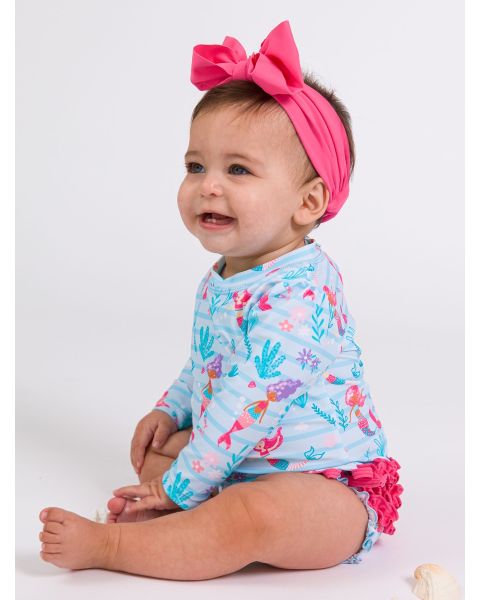 Blue Mermaid Princess Long Sleeve One Piece Rash Guard Swimsuit, with Signature Rear Ruffles