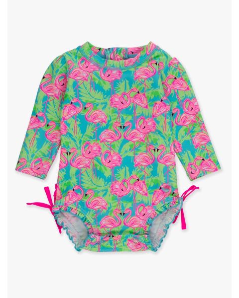 Neon Flamingo Fun Long Sleeve One Piece Rash Guard Swimsuit, with Signature Rear Ruffles