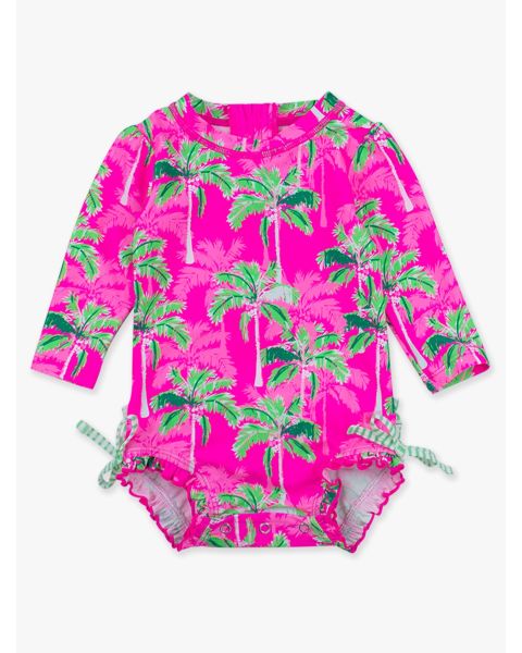 Neon Palm Paradise Long Sleeve One Piece Rash Guard Swimsuit, with Signature Rear Ruffles