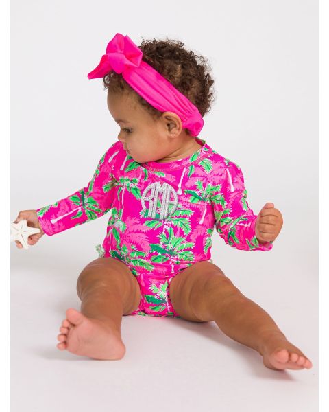 Neon Palm Paradise Long Sleeve One Piece Rash Guard Swimsuit, with Signature Rear Ruffles