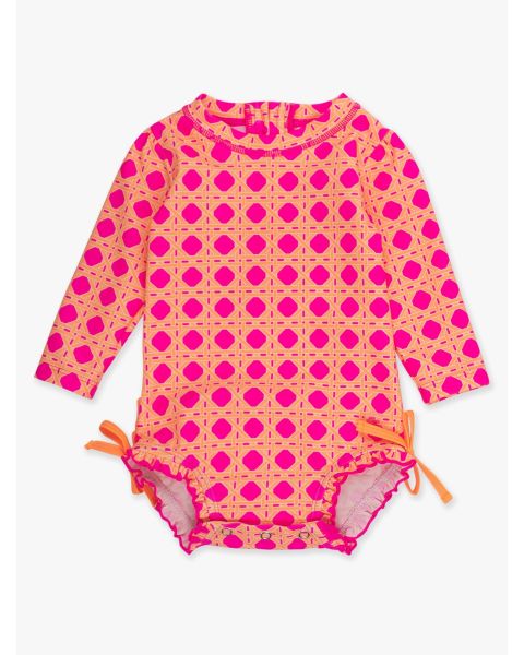 Neon Sherbet Cane Long Sleeve One Piece Rash Guard Swimsuit, with Signature Rear Ruffles