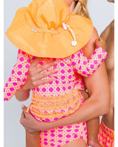 Neon Sherbet Cane Long Sleeve One Piece Rash Guard Swimsuit, with Signature Rear Ruffles