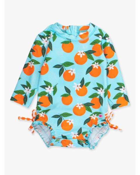 Blue Orange You The Sweetest Long Sleeve One Piece Rash Guard Swimsuit, with Signature Rear Ruffles
