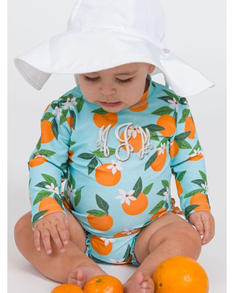 Blue Orange You The Sweetest Long Sleeve One Piece Rash Guard Swimsuit, with Signature Rear Ruffles