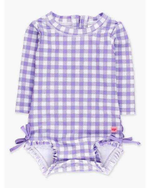 Wisteria Purple Gingham Long Sleeve One Piece Rash Guard Swimsuit, with Signature Rear Ruffles