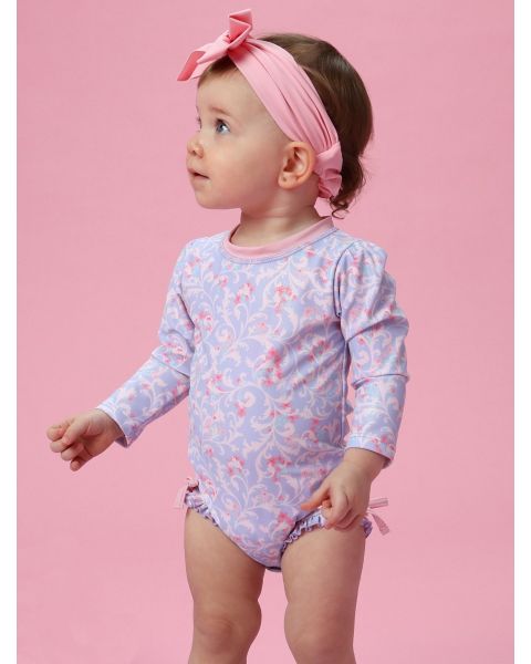 Lavender Floral Princess Long Sleeve One Piece Rash Guard Swimsuit, with Signature Rear Ruffles