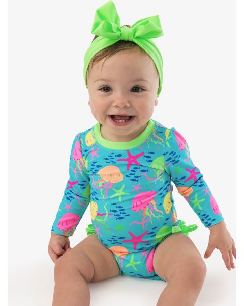 Neon Jelly Time Long Sleeve One Piece Rash Guard Swimsuit, with Signature Rear Ruffles