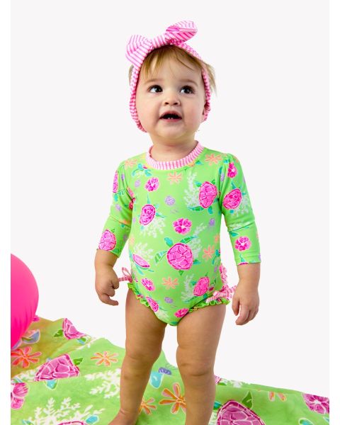 Neon Turtle Tide Long Sleeve One Piece Rash Guard Swimsuit, with Signature Rear Ruffles