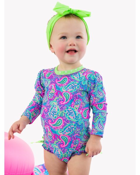 Neon Paisley Pop Long Sleeve One Piece Rash Guard Swimsuit, with Signature Rear Ruffles