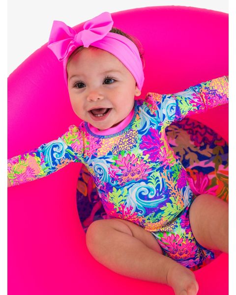 Neon Ocean Coral Long Sleeve One Piece Rash Guard Swimsuit, with Signature Rear Ruffles