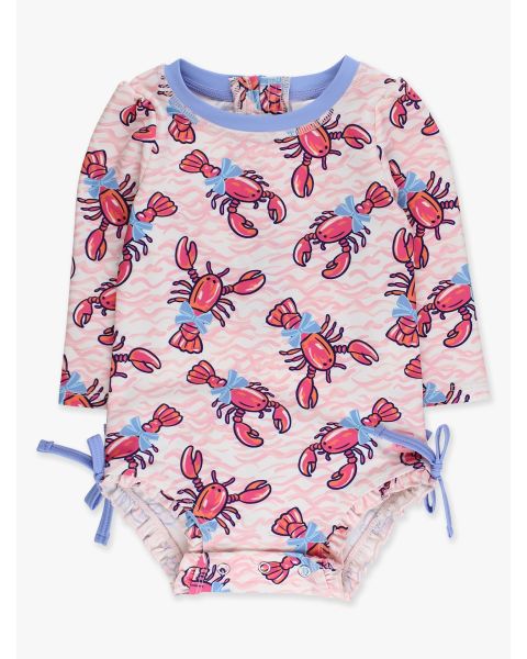Pink Lobster Lagoon Long Sleeve One Piece Rash Guard Swimsuit, with Signature Rear Ruffles