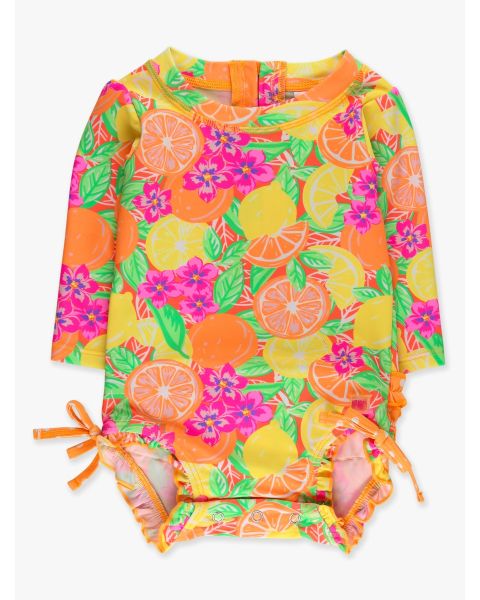 Neon Squeeze the Day Long Sleeve One Piece Rash Guard Swimsuit, with Signature Rear Ruffles