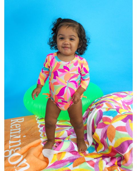 Neon Tropical Adventure Long Sleeve One Piece Rash Guard Swimsuit, with Signature Rear Ruffles