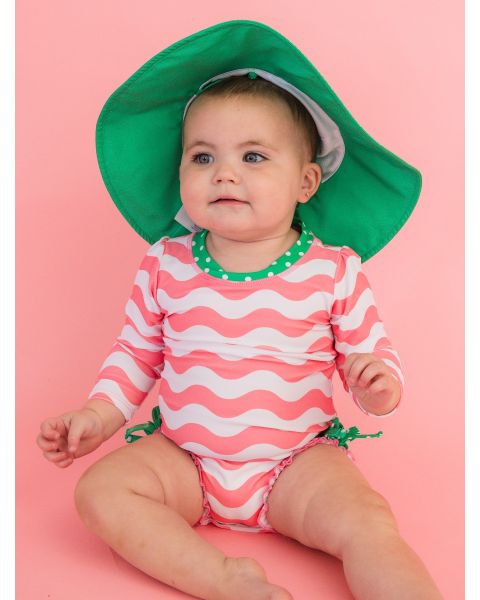 Bubblegum Pink Wavy Stripe Long Sleeve One Piece Rash Guard Swimsuit, with Signature Rear Ruffles