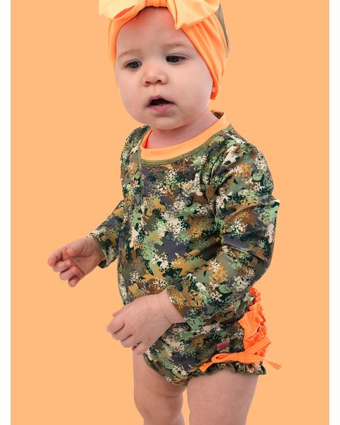Classic Camo Long Sleeve One Piece Rash Guard Swimsuit, with Signature Rear Ruffles