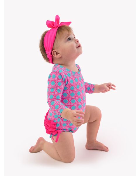 Neon Sorbet Cane Long Sleeve One Piece Rash Guard Swimsuit, with Signature Rear Ruffles