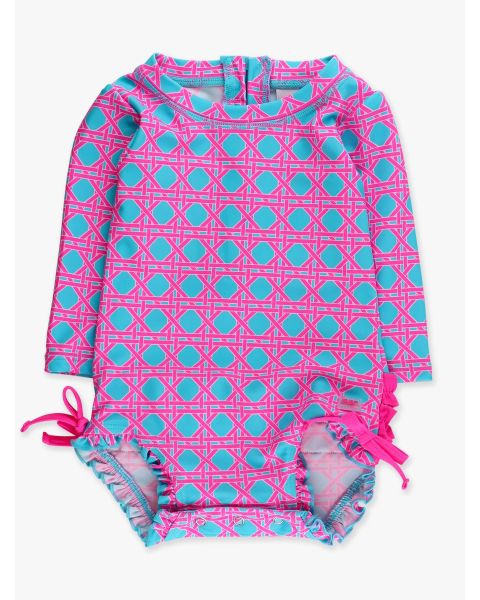 Neon Sorbet Cane Long Sleeve One Piece Rash Guard Swimsuit, with Signature Rear Ruffles