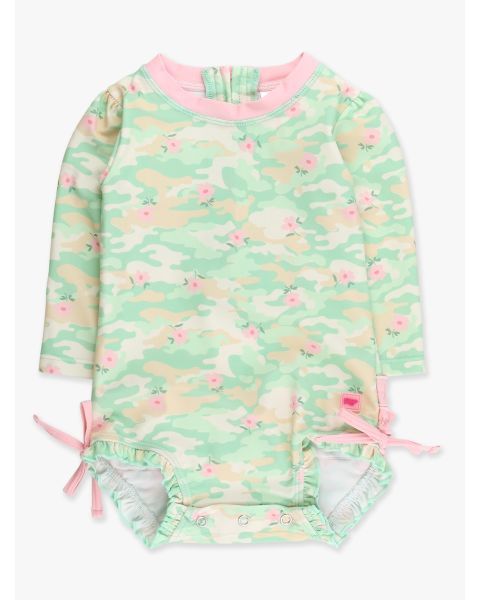 Sage Blossom Camo Long Sleeve One Piece Rash Guard Swimsuit, with Signature Rear Ruffles