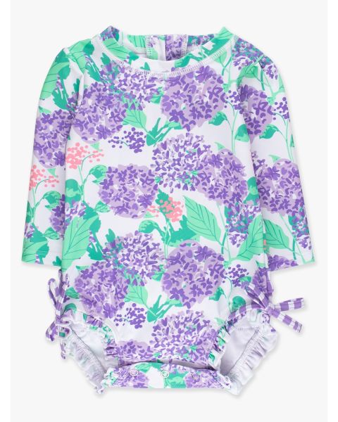 Purple Hydrangea Garden Long Sleeve One Piece Rash Guard Swimsuit, with Signature Rear Ruffles