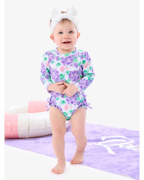 Purple Hydrangea Garden Long Sleeve One Piece Rash Guard Swimsuit, with Signature Rear Ruffles