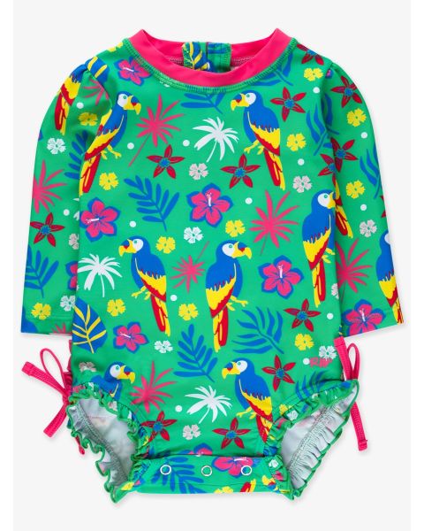 Parrot Palms Long Sleeve One Piece Rash Guard Swimsuit, with Signature Rear Ruffles