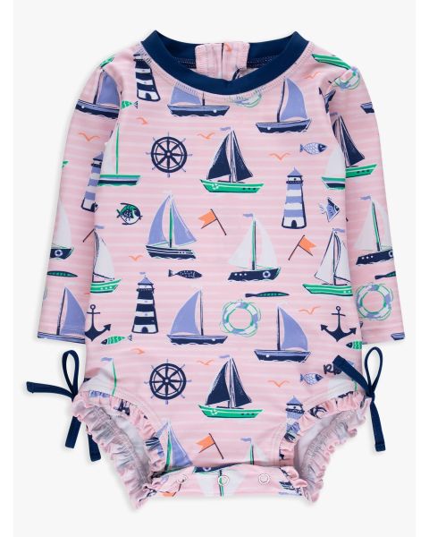 Pink Sweet Sails Long Sleeve One Piece Rash Guard Swimsuit, with Signature Rear Ruffles