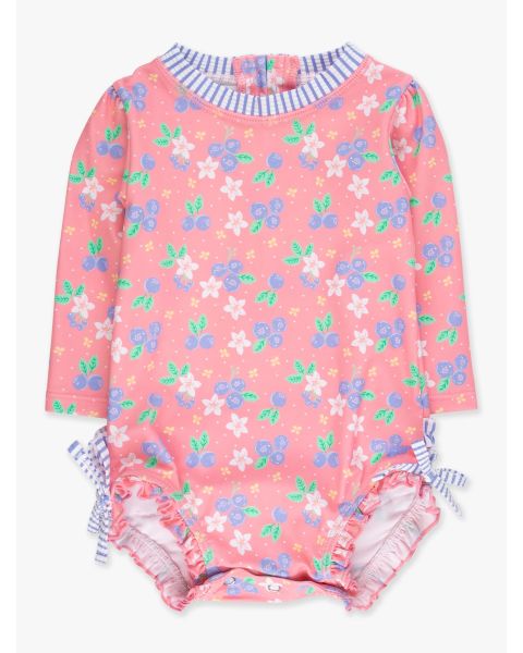 Blueberry Bliss Long Sleeve One Piece Rash Guard Swimsuit, with Signature Rear Ruffles