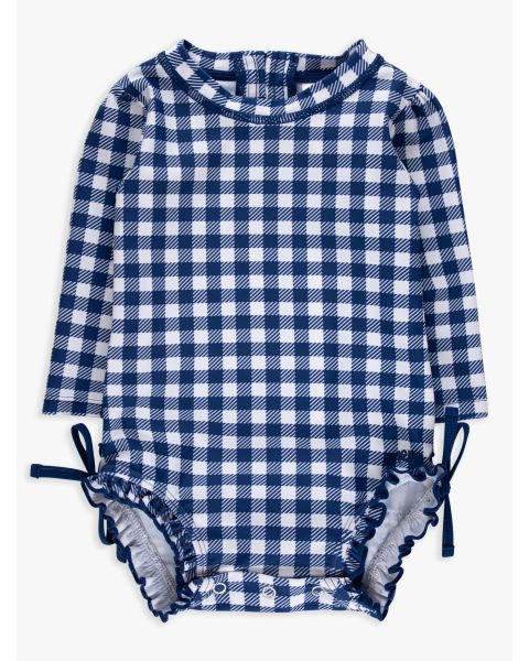 Navy & White Gingham Long Sleeve One Piece Rash Guard Swimsuit, with Signature Rear Ruffles