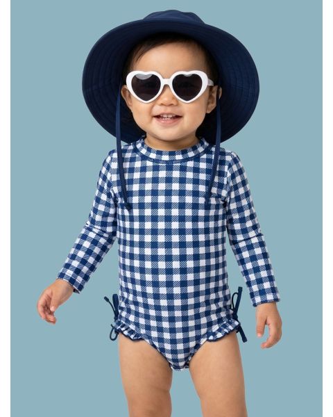 Navy & White Gingham Long Sleeve One Piece Rash Guard Swimsuit, with Signature Rear Ruffles