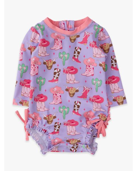 Howdy Darlin’ Long Sleeve One Piece Rash Guard Swimsuit, with Signature Rear Ruffles