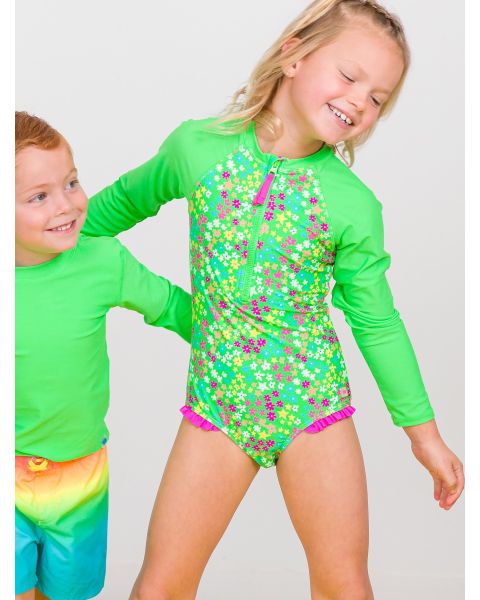 Neon Floral Girls' Long Sleeve Rash Guard One Piece