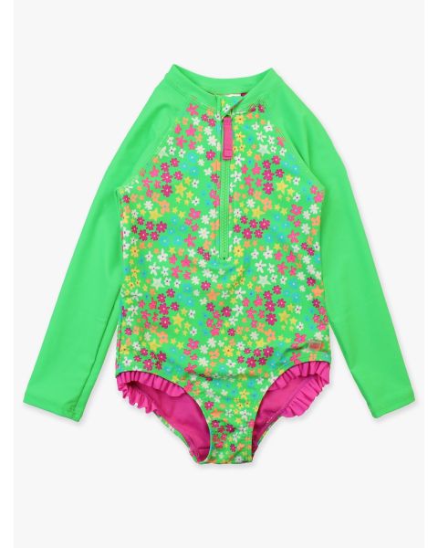 Neon Floral Girls' Long Sleeve Rash Guard One Piece