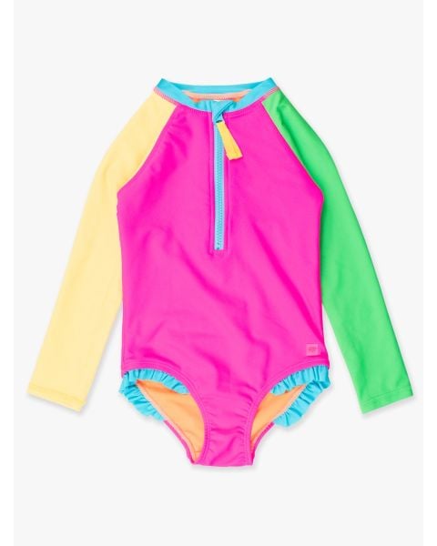 Neon Color Block Girls' Long Sleeve Rash Guard One Piece