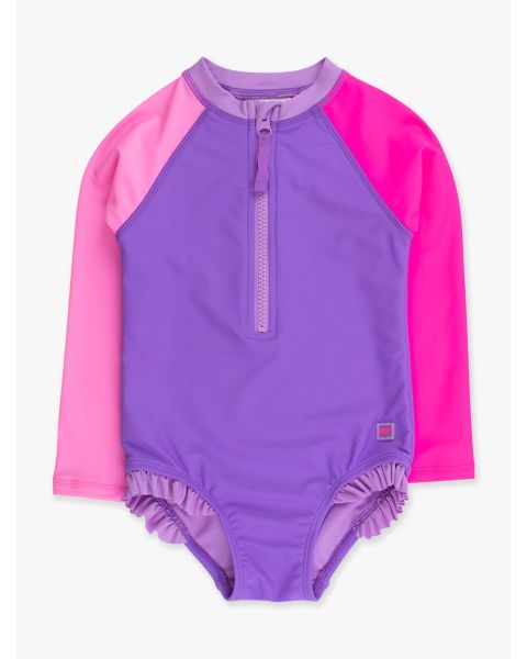 Neon Purple Color Block Long Sleeve Zipper One Piece Rash Guard Swimsuit